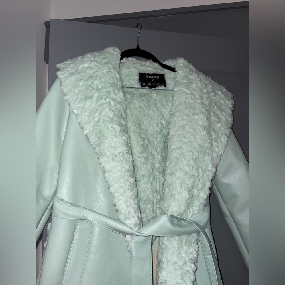 Unreal Fur Maxi Faux Leather And Fur Jacket Turqoise Like New — image 2 of 4